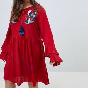 Gauze smock dress with bell sleeve and embroidery